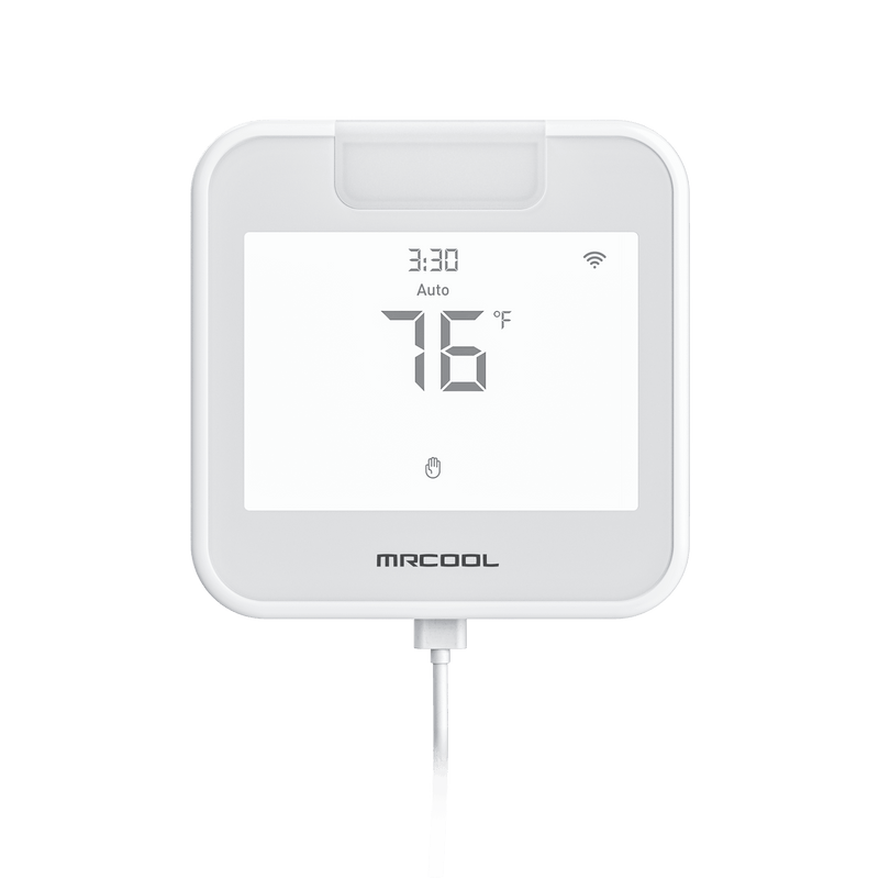 MRCOOL Smart Wi-Fi Mini-Stat, front view showing time, Auto mode and 76°F, with power cable