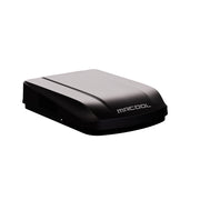MRCOOL TravelCool rooftop RV heat pump in black, three-quarter view of the low rounded shell with MRCOOL lettering
