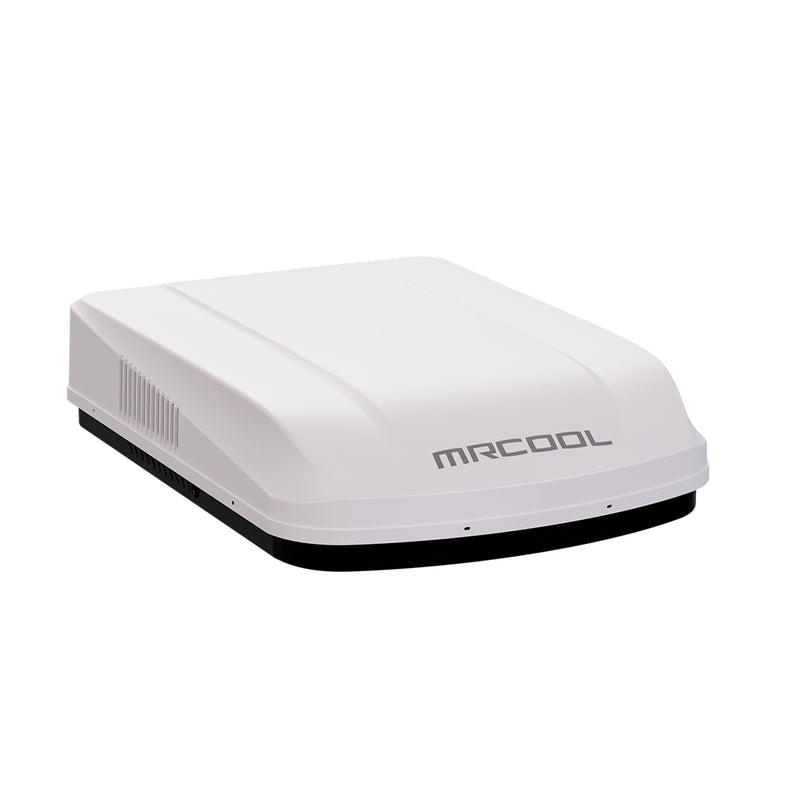 MRCOOL TravelCool rooftop RV heat pump in white, three-quarter view with side vents