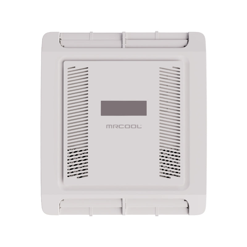 MRCOOL TravelCool MLRDK ductless ceiling plenum from below, with side louvers and a center display window