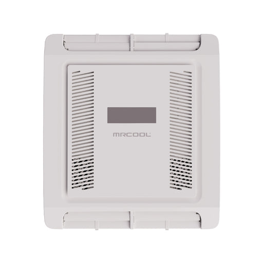 MRCOOL TravelCool MLRDK ductless ceiling plenum from below, with side louvers and a center display window