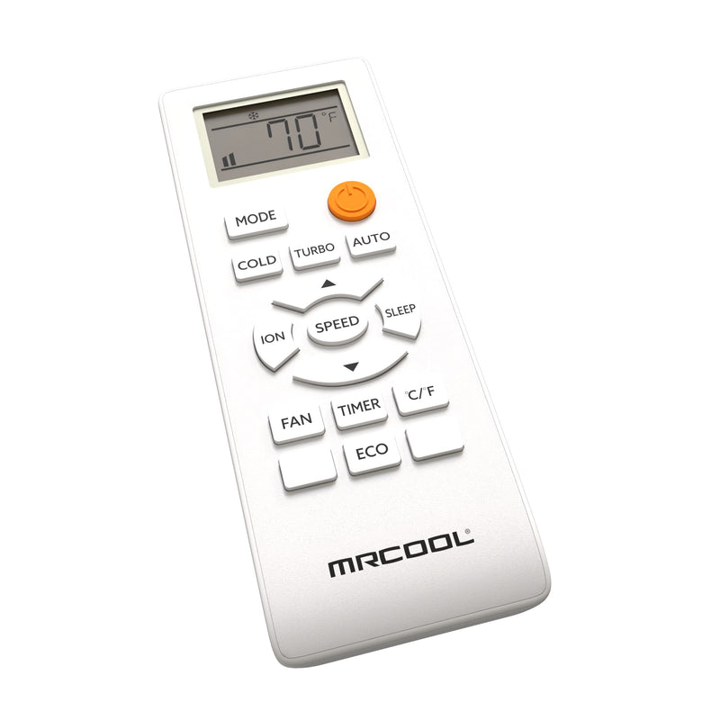 TravelCool MRDRC remote tilted to show its slim profile and button layout