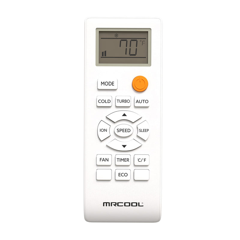 TravelCool MRDRC handheld remote, front view with LCD readout, orange power button and mode, turbo, eco and timer keys