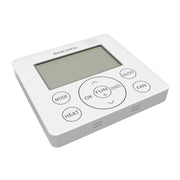 TravelCool MRDCW wired wall controller at an angle, square white body with LCD screen and mode, heat, fan and on/off buttons
