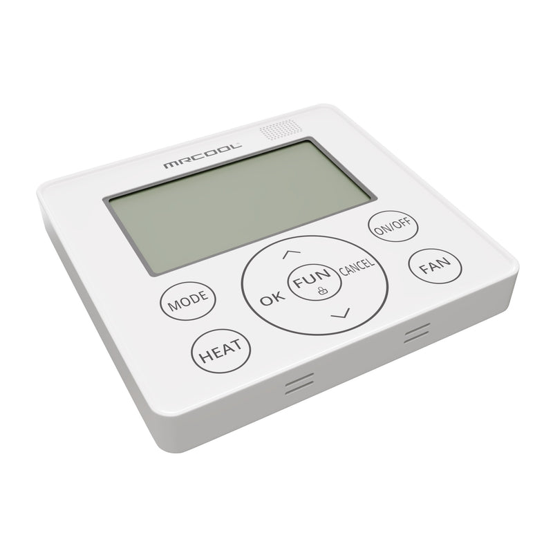 TravelCool MRDCW wired wall controller at an angle, square white body with LCD screen and mode, heat, fan and on/off buttons
