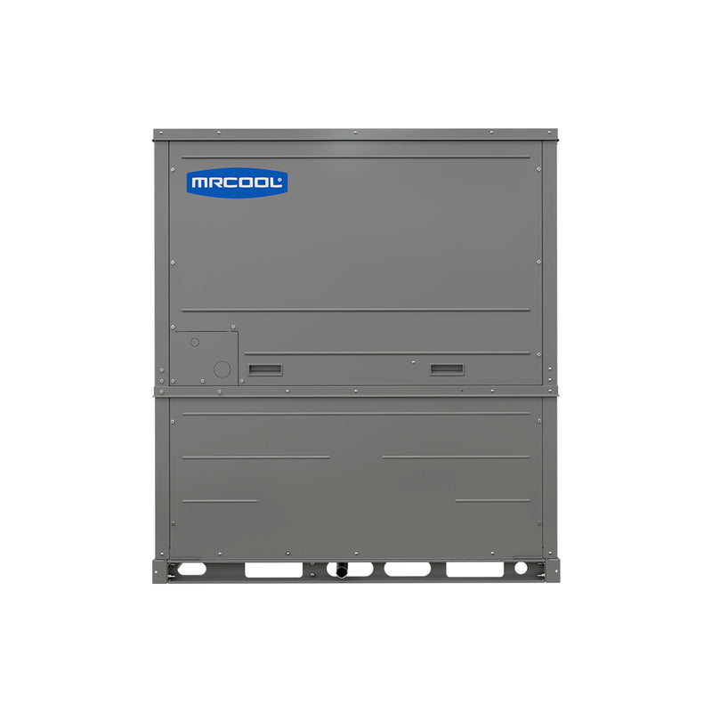 Universal packaged heat pump front panel with the MRCOOL badge and service handles