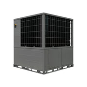 MRCOOL Universal 4-ton and 5-ton packaged heat pump in dark grey from the coil corner, two equal coil faces of the square cabinet