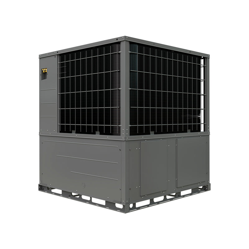 MRCOOL Universal 4-ton and 5-ton packaged heat pump in dark grey from the coil corner, two equal coil faces of the square cabinet