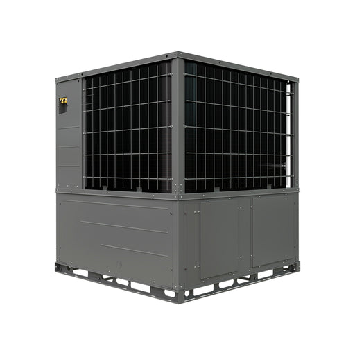 MRCOOL Universal 4-ton and 5-ton packaged heat pump in dark grey from the coil corner, two equal coil faces of the square cabinet