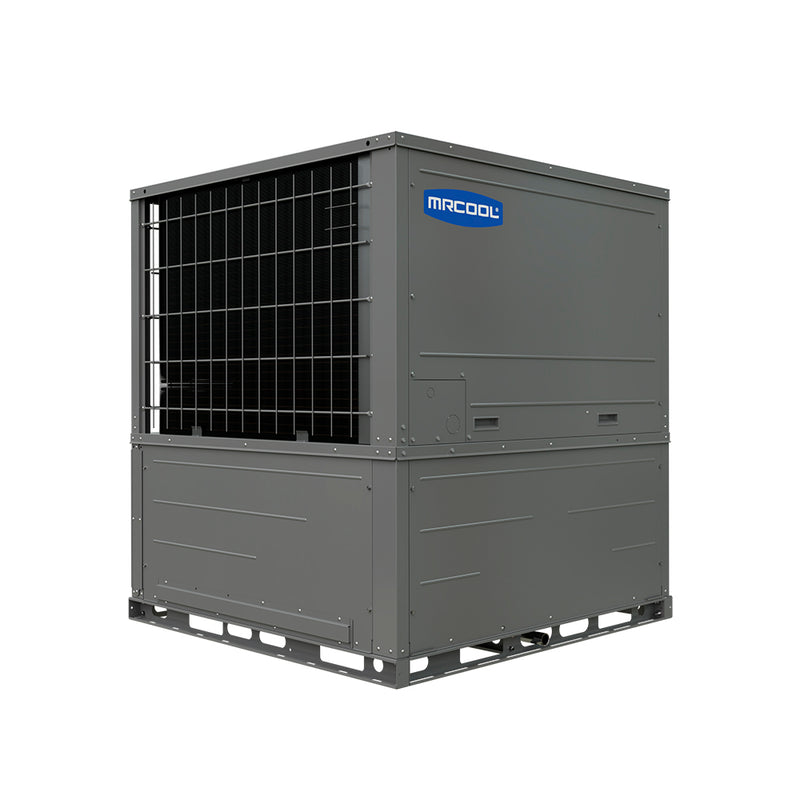 MRCOOL Universal 3-ton packaged heat pump in dark grey, shallower cabinet with the MRCOOL badge on the front panel and the coil guard at the side