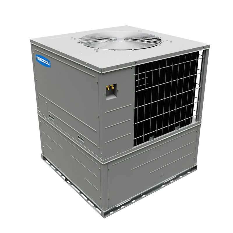 Universal 4-ton and 5-ton packaged heat pump from above at an angle, top fan and service panels