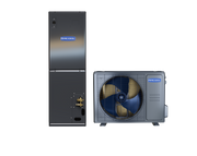 MRCOOL Universal 2nd Gen dark gray multi-position air handler beside a single-fan Universal condenser, front view
