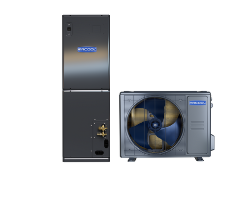 MRCOOL Universal 2nd Gen dark gray multi-position air handler beside a single-fan Universal condenser, front view