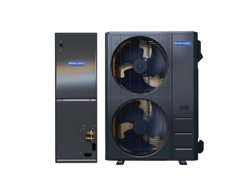 MRCOOL Universal 2nd Gen air handler beside the twin-fan 60,000 BTU Universal condenser, front view