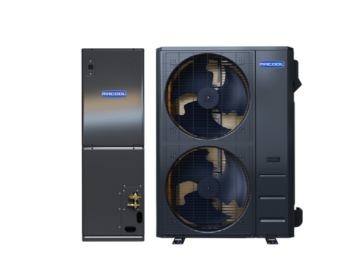 MRCOOL Universal 2nd Gen air handler beside the twin-fan 60,000 BTU Universal condenser, front view