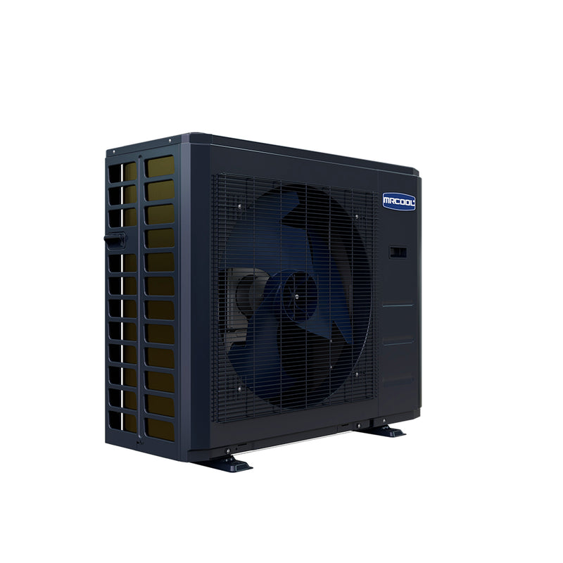 MRCOOL Universal 30,000 BTU condenser from the left, showing the side coil guard