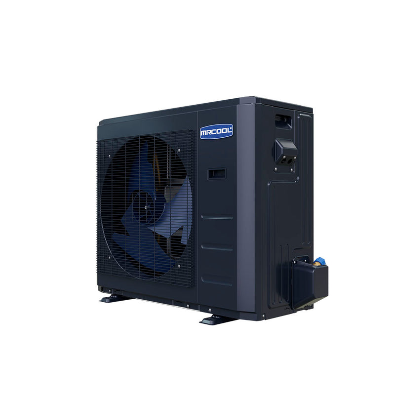 MRCOOL Universal 30,000 BTU condenser from the right, with service valve cover