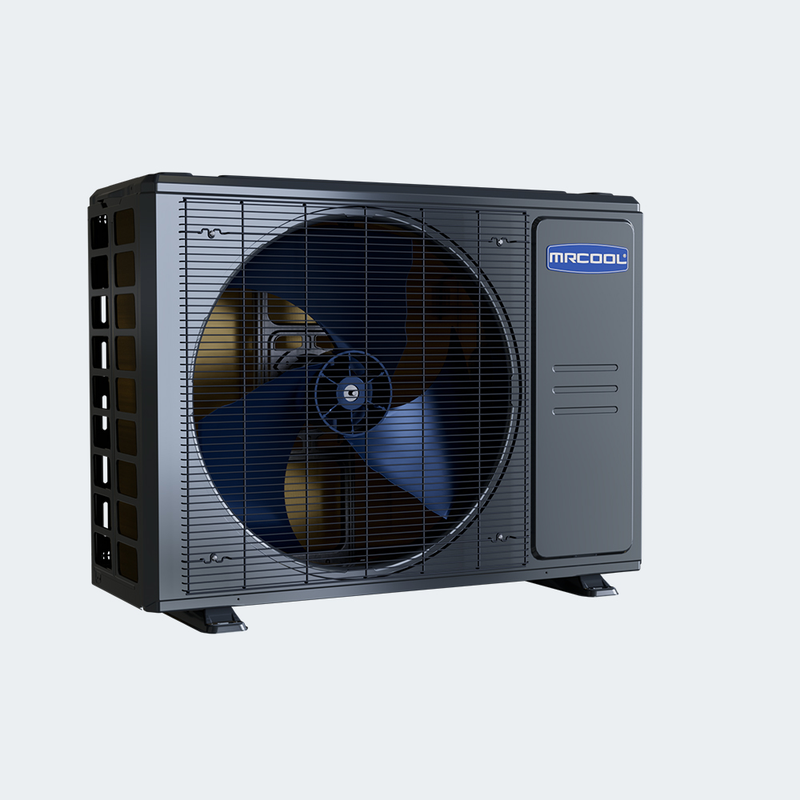 MRCOOL Universal 24,000 BTU condenser, three-quarter view showing the side coil