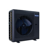 MRCOOL Universal 36,000 and 48,000 BTU heat pump condenser, dark gray cabinet in three-quarter view with side coil guard