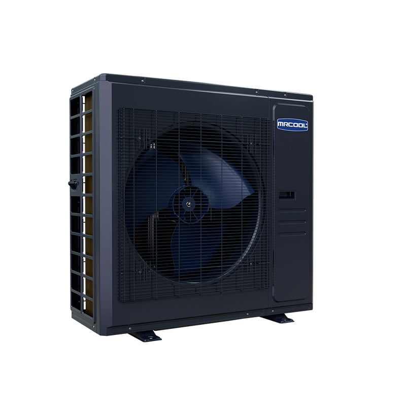 MRCOOL Universal 36,000 and 48,000 BTU heat pump condenser, dark gray cabinet in three-quarter view with side coil guard