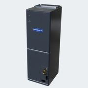MRCOOL Universal multi-position air handler, dark gray cabinet in three-quarter view with brass refrigerant connections