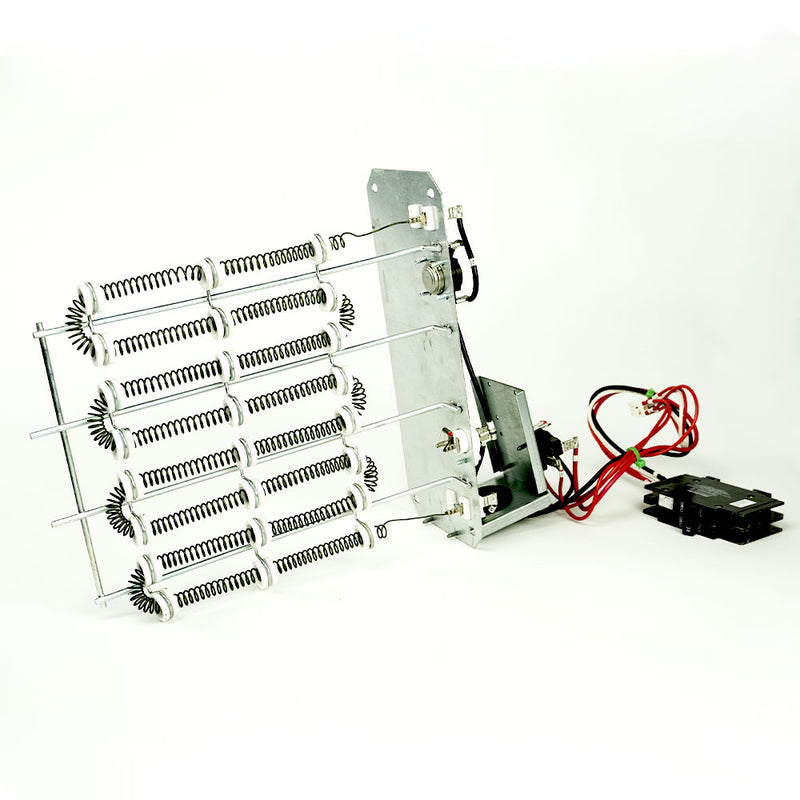 MRCOOL Universal 5kW heat strip element rows on support rods, with the breaker and red leads alongside