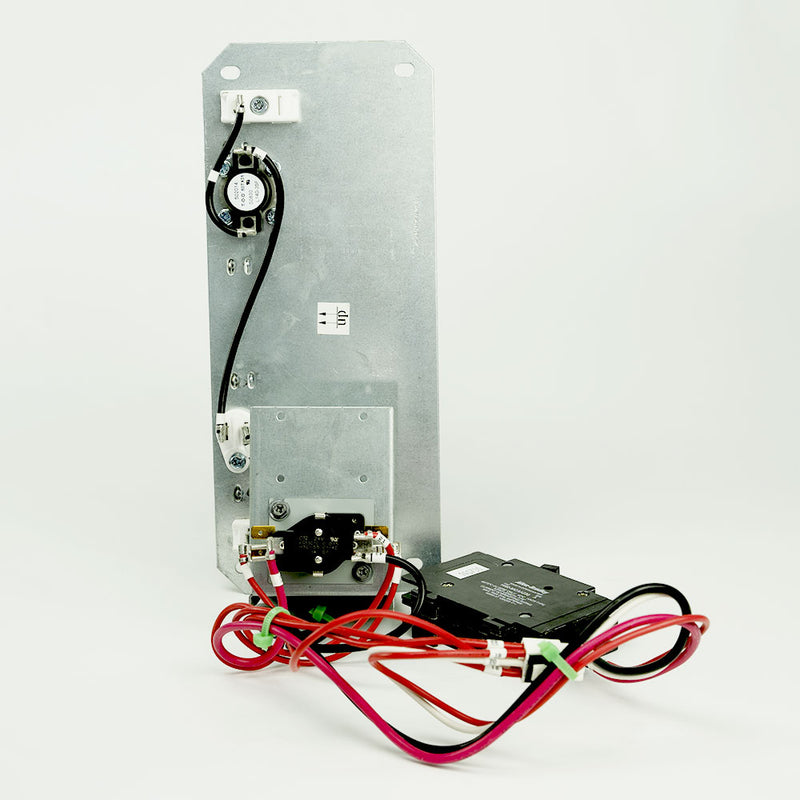 Mounting plate side of the MRCOOL Universal 5kW heat strip with limit switches, red leads and circuit breaker