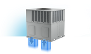Render of the VersaPro gas pack with blue arrows showing downflow supply and return through the base