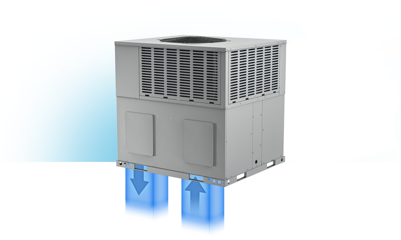 Render of the VersaPro gas pack with blue arrows showing downflow supply and return through the base