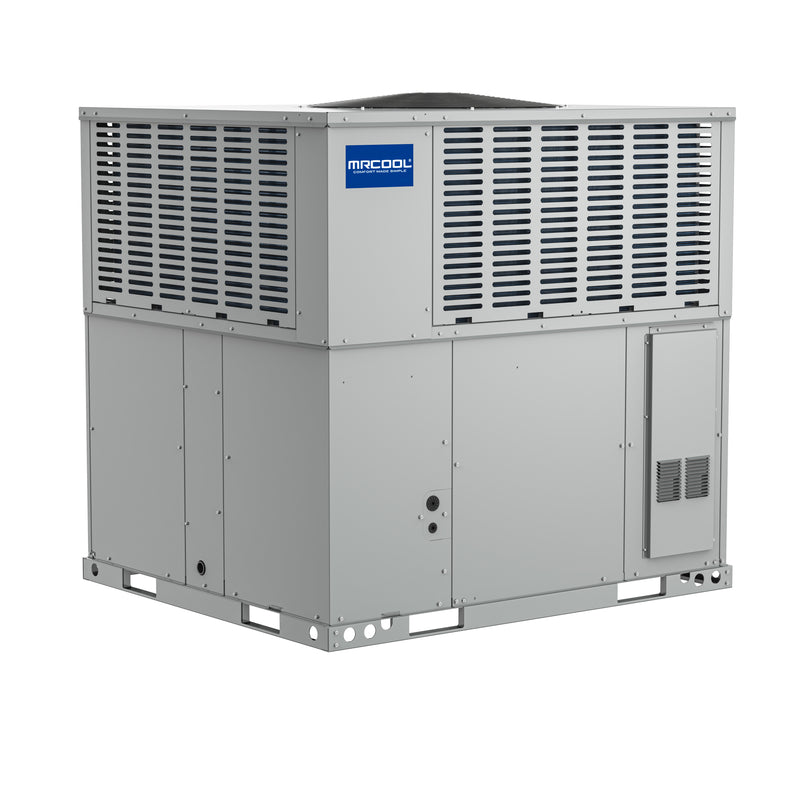 VersaPro gas pack from the opposite corner, louvered upper coil section over the service panels