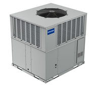 MRCOOL VersaPro gas/electric packaged unit, three-quarter view showing the top fan, louvered coil and access panels