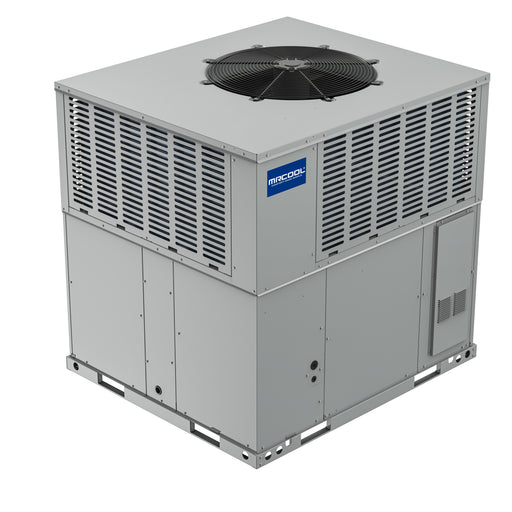 MRCOOL VersaPro gas/electric packaged unit, three-quarter view showing the top fan, louvered coil and access panels