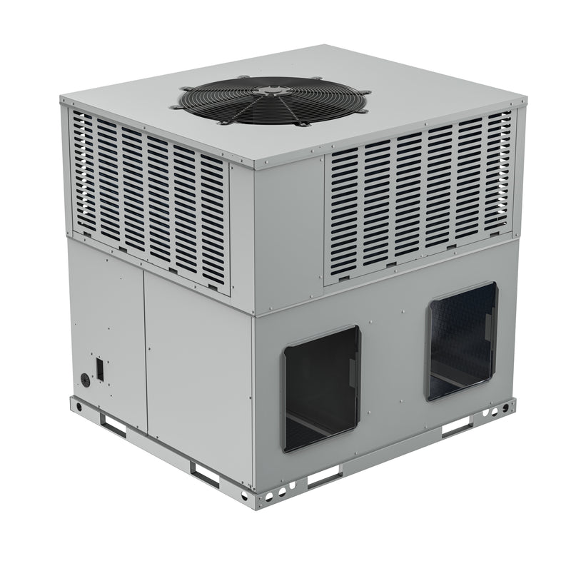 VersaPro gas pack duct side with the horizontal supply and return openings, top fan visible