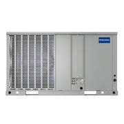 VersaPro packaged heat pump front view, coil grille on the left and service panels on the right