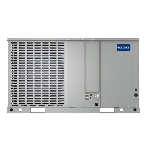 VersaPro packaged heat pump front view, coil grille on the left and service panels on the right