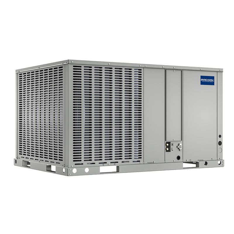VersaPro packaged heat pump from the corner, showing the wraparound coil grille and service access