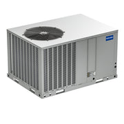 MRCOOL VersaPro packaged heat pump, three-quarter view showing the top condenser fan and louvered coil panels