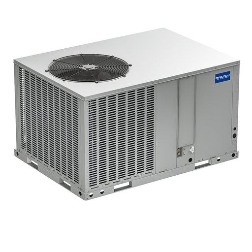 MRCOOL VersaPro packaged heat pump, three-quarter view showing the top condenser fan and louvered coil panels