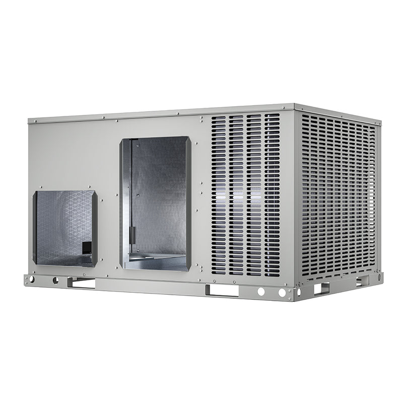 Angled view of the duct connection side showing both openings and the coil grille