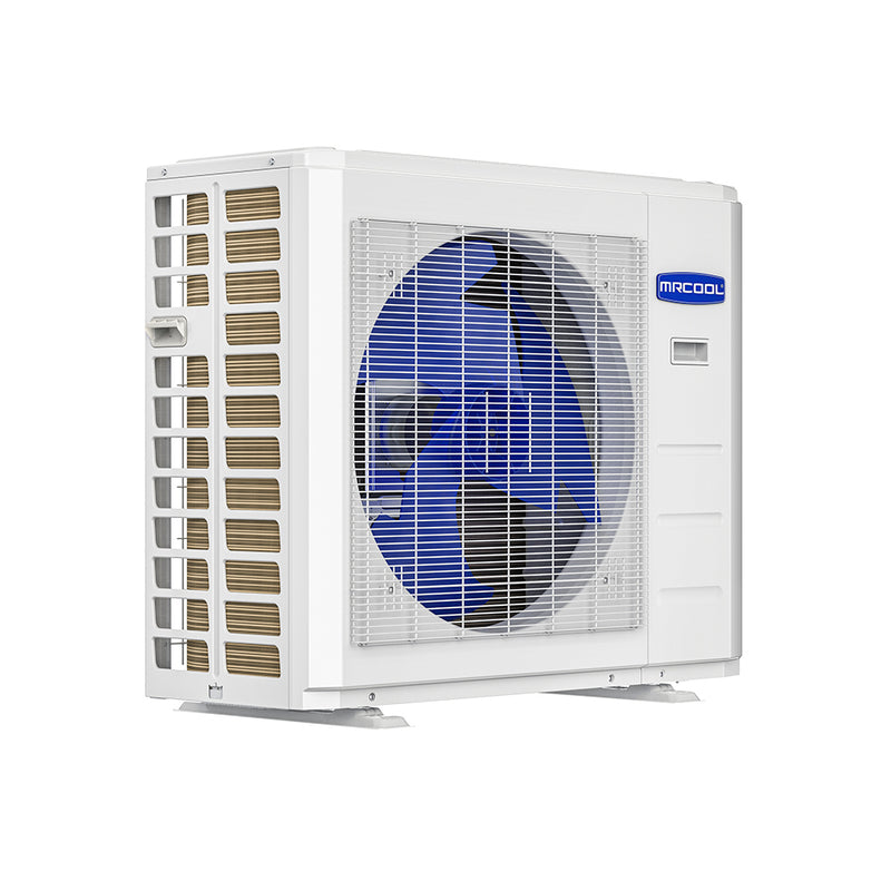 MRCOOL VersaPro 30K and 36K condenser from the left, coil and fan guard visible