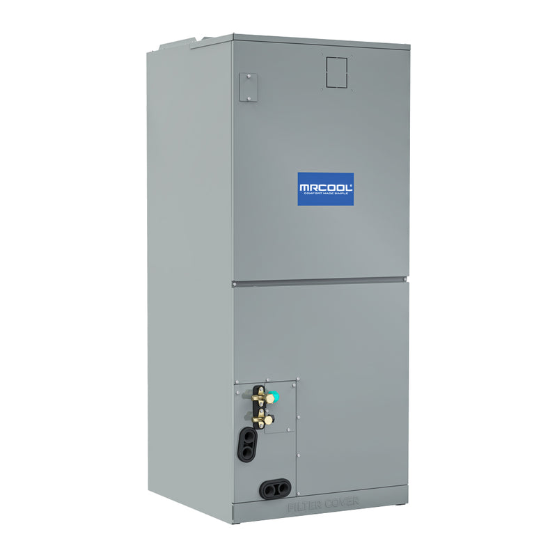 MRCOOL VersaPro gray multi-position air handler, three-quarter view with refrigerant connections at the lower front