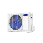 MRCOOL VersaPro 2nd Gen compact outdoor condenser, three-quarter view with blue fan blade and service valve cover