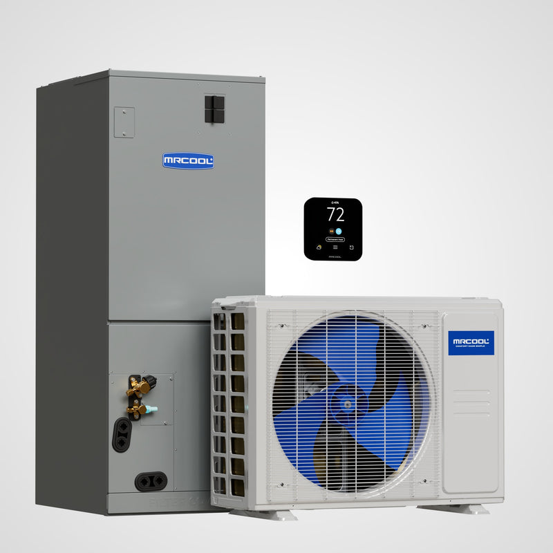 MRCOOL VersaPro 2nd Gen gray multi-position air handler, white outdoor condenser and black Smart Thermostat on a gray backdrop