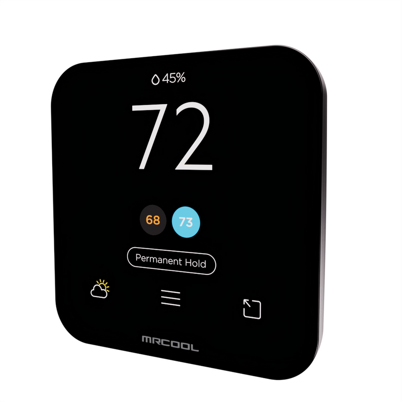 MRCOOL Smart Thermostat with black glass face showing 72 degrees and humidity