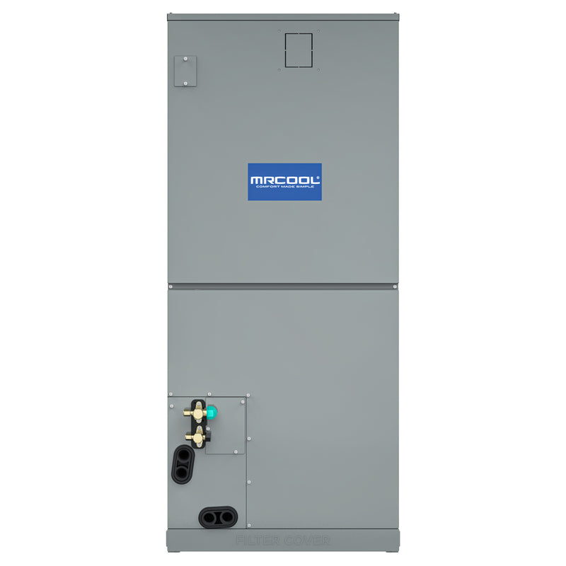 MRCOOL VersaPro air handler, straight front view with access panels and MRCOOL badge