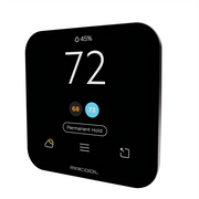 MRCOOL Smart Thermostat with black glass face showing 72 degrees and humidity