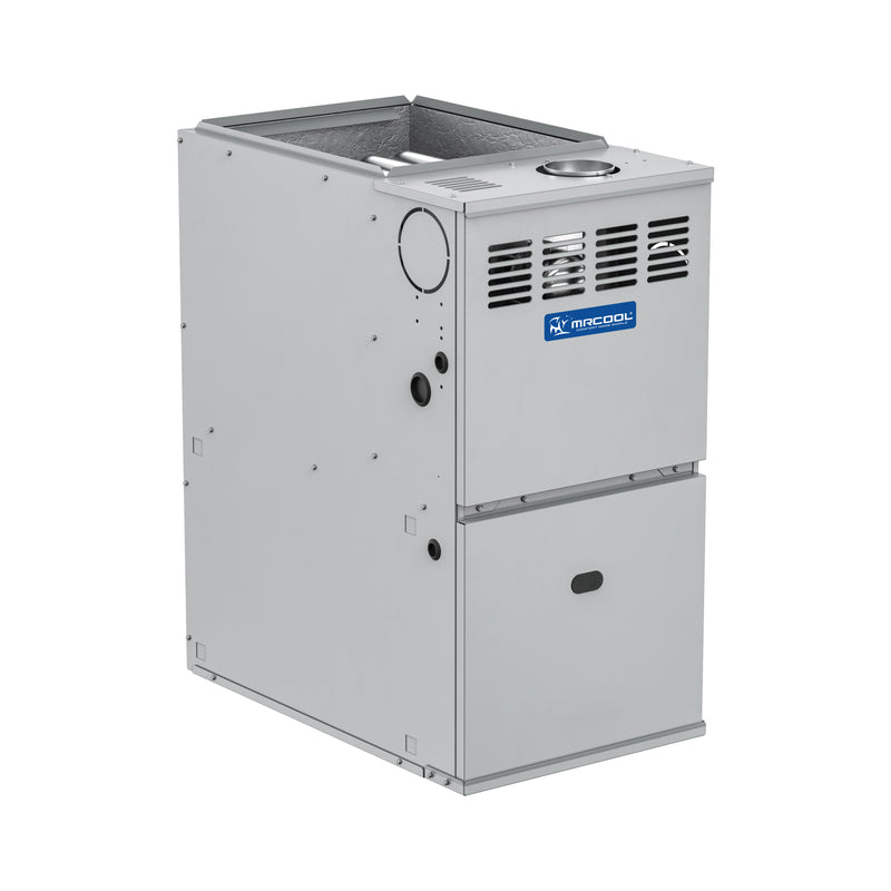 MRCOOL VersaPro 80% AFUE gas furnace, three-quarter view showing the louvered upper door and blue badge