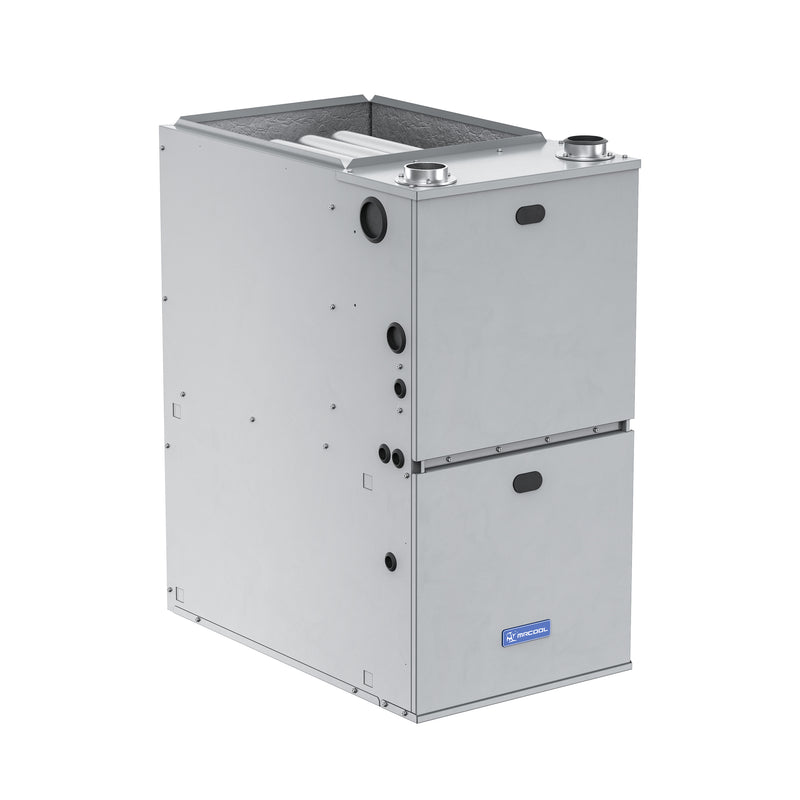 VersaPro 96% furnace from the other front corner, showing the side gas and electric knockouts