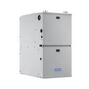 MRCOOL VersaPro 96% AFUE gas furnace, three-quarter view of the flat two-door cabinet with the badge on the lower door