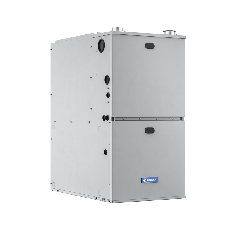 MRCOOL VersaPro 96% AFUE gas furnace, three-quarter view of the flat two-door cabinet with the badge on the lower door